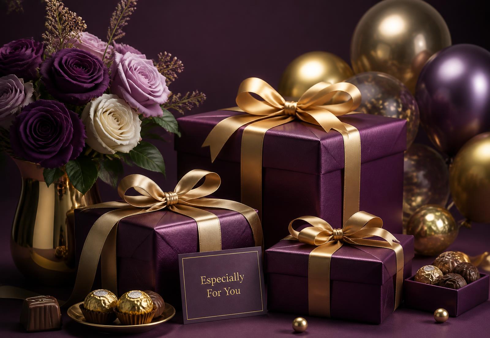 Wrapped gift boxes with roses and chocolates